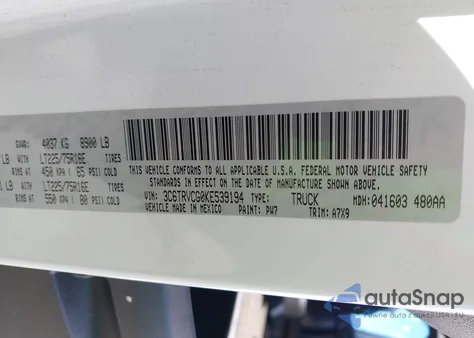 2019 Ram Promaster 2500 High Roof 136 Wb из США, поврежденный, VIN 3C6TRVCG0KE539194